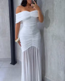 Foldover Off Shoulder Ruched Cinched Waist Minimalist Evening Dress Slim Fit Mermaid Hem Party Dress