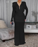 Cowl Neck Ruched Zipper Back Slim Fit Maxi Dress Casual Padded Shoulders Backless Evening Dress