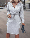 Overlap V Neck Drop Shoulder Cinched Waist Drawstring Hoodie Dress Casual Flap Cargo Pockets Design Drawstring Elastic Waist Midi Dress