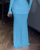 Cowl Neck Ruched Zipper Back Slim Fit Maxi Dress Casual Padded Shoulders Backless Evening Dress