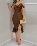 Cold Shoulder Pearls Straps Bodycon Dress Cowl Neck Asymmetrical Ruffle Hem Party Dress