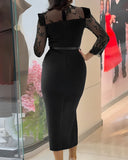 High Neck Long Sleeve Lace Pattern Mesh Patchwork Chic Zipper Mid-Calf Dress