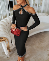 Rhinestone Decor Halter Cold Shoulder Long Sleeve Bodycon Dress Hollow-out Front & Back Evening Dress