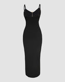 Metal Ring Decor V-Neck Adjustable Spaghetti Straps Bodycon Dress High Slit Hollow-out Evening Dress