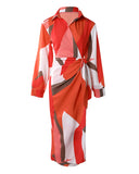 All Over Print Turn Down Collar Tied Detail Dress Casual Ruched Wrap Front Vacation Dress