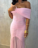 Foldover Off Shoulder Ruched Cinched Waist Minimalist Evening Dress Slim Fit Mermaid Hem Party Dress