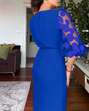 3D Polka Dot Appliques Mesh Lantern Sleeve Zipper Back Slit Work Dress Cinched Waist Slim Fit Mid Length Dress With Belt