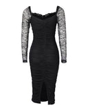Lace Trim Square Neck Lace Long Sleeve Back Slit Bodycon Dress Zipper Back Backless Ruched Party Dress