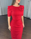 3D Flower Decor Round Neck Puff Sleeve Bodycon Dress Casual Ruched Slit Zipper Back Work Dress