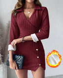 Polo V-Neck Long Sleeve Fleece Lined Bodycon Dress Slit Button Decor Ribbed Mini Dress