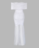 Foldover Off Shoulder Ruched Cinched Waist Minimalist Evening Dress Slim Fit Mermaid Hem Party Dress