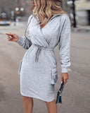 Overlap V Neck Drop Shoulder Cinched Waist Drawstring Hoodie Dress Casual Flap Cargo Pockets Design Drawstring Elastic Waist Midi Dress