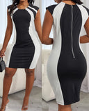 Colorblock Round Neck Sleeveless Zipper Back Midi Dress Slit Back Bodycon Dress