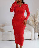 Off Shoulder Long Sleeve Chic Mental Buckle Ruched Mid-Calf Dress