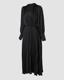Elegant Women's Puff Long Sleeve V-neck Pleated Maxi Dress Dinner Dress (Without Belt)