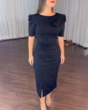 3D Flower Decor Round Neck Puff Sleeve Bodycon Dress Casual Ruched Slit Zipper Back Work Dress