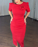 3D Flower Decor Round Neck Puff Sleeve Bodycon Dress Casual Ruched Slit Zipper Back Work Dress