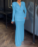 Cowl Neck Ruched Zipper Back Slim Fit Maxi Dress Casual Padded Shoulders Backless Evening Dress