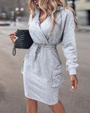 Overlap V Neck Drop Shoulder Cinched Waist Drawstring Hoodie Dress Casual Flap Cargo Pockets Design Drawstring Elastic Waist Midi Dress