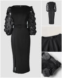 3D Polka Dot Appliques Mesh Lantern Sleeve Zipper Back Slit Work Dress Cinched Waist Slim Fit Mid Length Dress With Belt