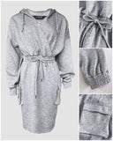 Overlap V Neck Drop Shoulder Cinched Waist Drawstring Hoodie Dress Casual Flap Cargo Pockets Design Drawstring Elastic Waist Midi Dress
