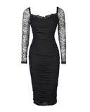 Lace Trim Square Neck Lace Long Sleeve Back Slit Bodycon Dress Zipper Back Backless Ruched Party Dress