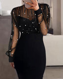 Mock Neck Sheer Mesh Spliced Beaded Bodycon Dress Zipper Back Slit Party Dress