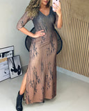 Ombre & Plants Print V-Neck Three Quarters Sleeve Side Slit Vacation Dress