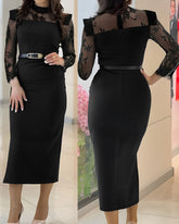 High Neck Long Sleeve Lace Pattern Mesh Patchwork Chic Zipper Mid-Calf Dress
