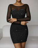 Rhinestone Decor Sweetheart Neck Sheer Mesh Spliced Mini Dress Mesh Long Sleeve Zipper Back Bodycon Dress