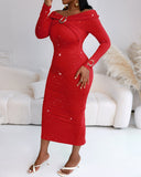 Off Shoulder Long Sleeve Chic Mental Buckle Ruched Mid-Calf Dress