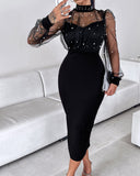 Mock Neck Sheer Mesh Spliced Beaded Bodycon Dress Zipper Back Slit Party Dress