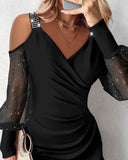 Glitter Cold Shoulder Sheer Mesh Patch Ruched Bodycon Mini Dress Sexy Rhinestone Party Dress