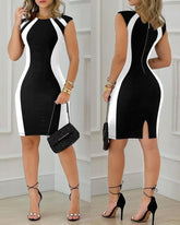 Colorblock Round Neck Sleeveless Zipper Back Midi Dress Slit Back Bodycon Dress