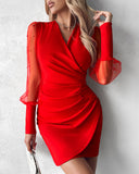 Beaded Mesh Long Sleeve Dress V-Neck Ruched Mini Cocktail Party Dress
