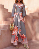 Floral Placement Print Off Shoulder Bow Tie Waist Dress Casual Asymmetrical Hem Vacation Dress