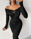 Off Shoulder Long Sleeve Chic Mental Buckle Ruched Mid-Calf Dress