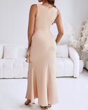 Deep V-Neck Thick Strap Side Ruffled Slit Evening Dress Cinched Waist Zipper Back Slim Fit Maxi Dress