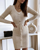 Button Decor V-Neck Long Sleeve Knit Bodycon Dress Drawstring Waist Ribbed Mini Dress