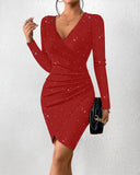 V Neck Long Sleeve Mini Wrap Bodycon Dress Glitter Ruched Cocktail Party Dresses