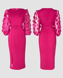 3D Polka Dot Appliques Mesh Lantern Sleeve Zipper Back Slit Work Dress Cinched Waist Slim Fit Mid Length Dress With Belt