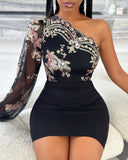 Floral Pattern Contrast Sequin One Shoulder Bodycon Dress