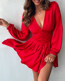 Deep V Neck Lantern Sleeve Ruched Pleated A Line Flowy Dress Single Breasted Decor Cinched Waist Party Dress