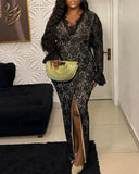 Elegant Lace Plunge V Neckline Long Sleeve Dress Casual Slim Fit Slit Evening Maxi Dress