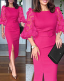 3D Polka Dot Appliques Mesh Lantern Sleeve Zipper Back Slit Work Dress Cinched Waist Slim Fit Mid Length Dress With Belt