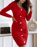 Button Decor V-Neck Long Sleeve Knit Bodycon Dress Drawstring Waist Ribbed Mini Dress