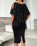 V-Neck Cold Shoulder Slit Back Party Dress Casual Rhinestone & Pearls Decor Asymmetrical Ruffle Chiffon Cape Design Faux Two-Piece Dress