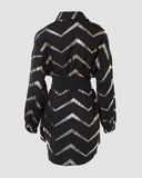 Bronzing Chevron Print Turn-down Collar Tied Detail Shirt Dress