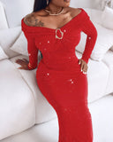 Off Shoulder Long Sleeve Chic Mental Buckle Ruched Mid-Calf Dress