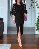 3D Polka Dot Appliques Mesh Lantern Sleeve Zipper Back Slit Work Dress Cinched Waist Slim Fit Mid Length Dress With Belt